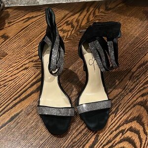 Jessica Simpson Suede black and metallic open toe heels